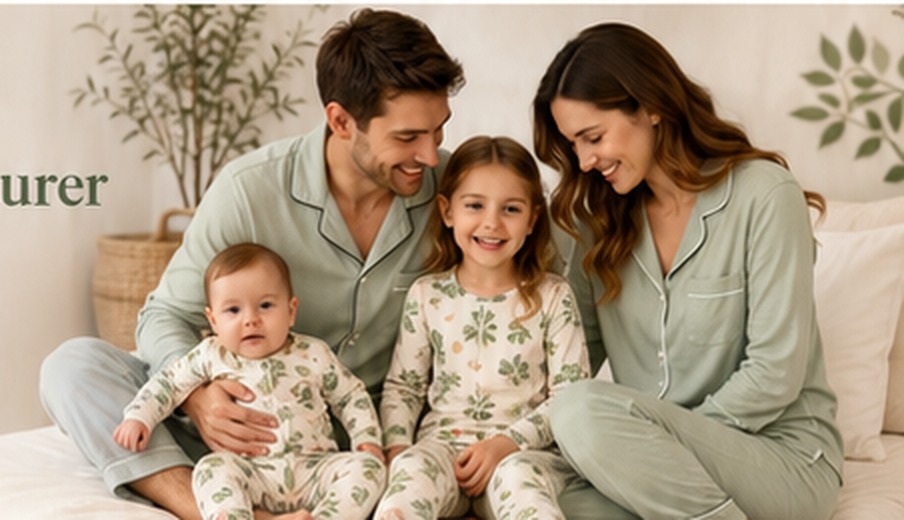 Family wearing custom bamboo pajamas